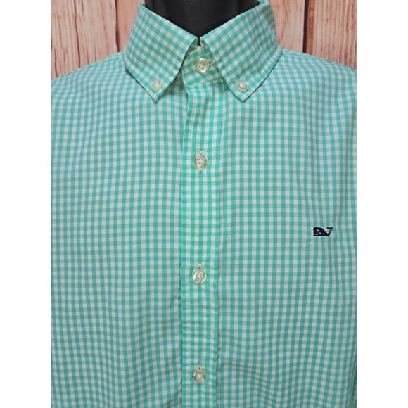 Vineyard Vines Mens Whale Shirt Medium Green Check Nylon Blend Performance - Picture 3 of 7